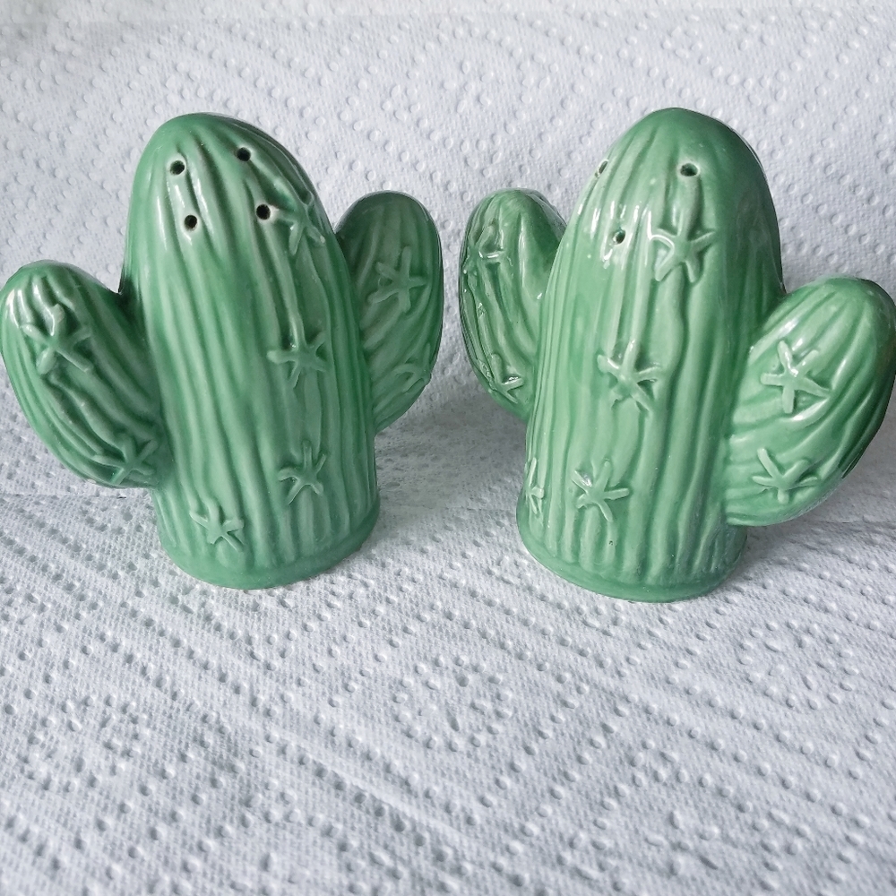 Vtg ceramic green cactus salt pepper shakers